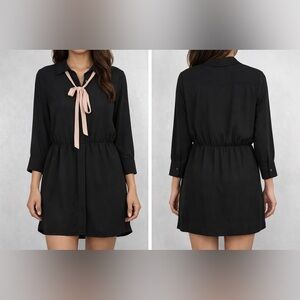 Banana Republic Black Tie Neck Mini Dress Petite 00 Long Sleeve  NWT